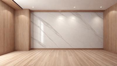 The primary subject of the image is a large, white marble wall. The setting is a room with a wooden floor, and the visual style is a photo. The colors and mood of the image are predominantly white, giving it a clean and minimalist appearance.