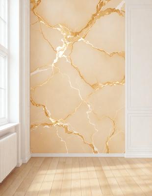 The primary subject of the image is a wall with a gold-colored marble design. The setting is a room with a window, and the visual style appears to be a photo of the wall. The colors and mood of the image are warm and elegant, with the gold marble adding a touch of luxury to the space.