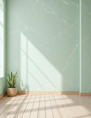 The primary subject of the image is a potted plant placed on a wooden floor. The setting is a room with a green wall, and the visual style appears to be a photo. The colors in the image are predominantly green, with the green wall and the green plant, creating a calm and natural atmosphere.
