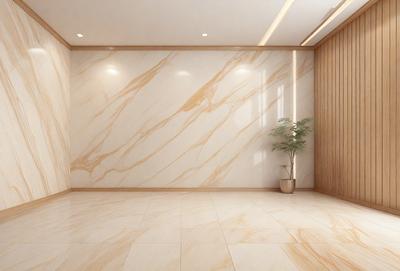 The primary subject of the image is a large, white marble wall. The setting is a room with a wooden door and a window. The visual style is a photo, and the colors and mood are predominantly white, giving the room a clean and minimalist appearance.