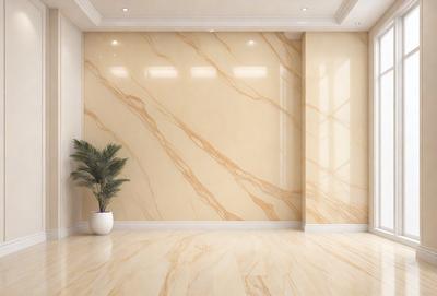 The primary subject of the image is a large, tan marble wall. The setting is a room with a white floor, and the visual style is a photo. The colors and mood of the image are predominantly neutral, with the tan marble wall and white floor creating a clean and elegant atmosphere.