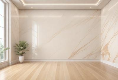 The primary subject of the image is a large, white marble wall. The setting is a room with a wooden floor, and the visual style is a photo. The colors and mood of the image are predominantly white, giving it a clean and minimalist appearance.