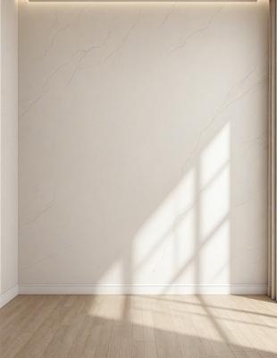 The primary subject of the image is a white wall with a window. The setting is a room with a wooden floor. The visual style is a photo, and the colors and mood are predominantly white, creating a clean and minimalist atmosphere.