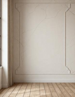 The primary subject of the image is a white wall with a marble texture. The setting is a room with a window, and the visual style is a photo. The colors and mood of the image are predominantly white, giving it a clean and minimalist appearance.