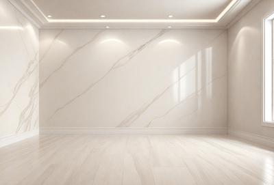 The primary subject of the image is a large, white marble wall. The setting is a room with a white marble floor, and the visual style is a photo. The colors and mood of the image are predominantly white, giving it a clean and minimalist appearance.