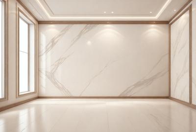 The primary subject of the image is a large, white marble wall with a patterned design. The setting is a room with a white floor, and the visual style appears to be a photo. The colors and mood of the image are predominantly white, giving it a clean and minimalist appearance.