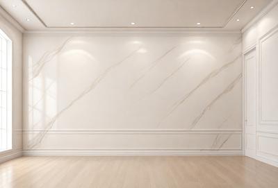 The primary subject of the image is a large, white marble wall with a patterned design. The setting is a room with a wooden floor, and the visual style appears to be a photo. The colors and mood of the image are predominantly white, giving it a clean and elegant appearance.