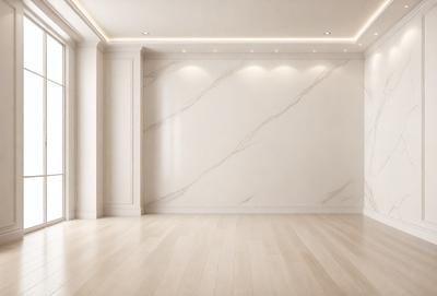 The image features a large, empty room with a white marble wall. The room is clean and well-lit, creating a bright and spacious atmosphere. The marble wall adds a touch of elegance and sophistication to the space.