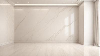 The primary subject of the image is a white marble wall with a patterned design. The setting is a room with a white floor, and the visual style is a photo. The colors and mood of the image are predominantly white, giving it a clean and minimalist appearance.