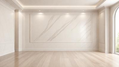 The primary subject of the image is a large, white marble wall with a patterned design. The setting is a room with a wooden floor, and the visual style appears to be a photo. The colors and mood of the image are predominantly white, giving it a clean and minimalist appearance.