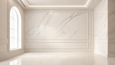 The primary subject of the image is a large, white marble wall with a patterned design. The setting is a room with a white color scheme, giving it a clean and elegant appearance. The visual style is a combination of a photo and digital art, creating a unique and artistic representation of the marble wall. The colors and mood of the image are predominantly white, which adds to the overall sense of cleanliness and sophistication.