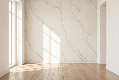 The primary subject of the image is a marble wall with a large window. The setting is a room with a wooden floor. The visual style is a photo, and the colors and mood are predominantly white, giving the room a clean and bright appearance.