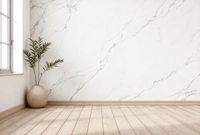 The primary subject of the image is a white marble wall. The setting is a room with a white floor and a potted plant placed on the floor. The visual style is a photo, and the colors and mood are predominantly white, giving the room a clean and minimalist appearance.