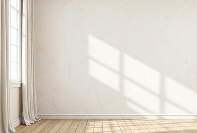 The primary subject of the image is a white wall with a marble texture. The setting is a room with a window, and the visual style is a photo. The colors and mood of the image are predominantly white, giving it a clean and minimalist appearance.
