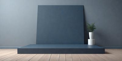 The primary subject of the image is a large blue canvas or painting. The setting is a room with a wooden floor, and the visual style is a photo. The dominant colors are blue and gray, creating a calm and serene atmosphere.