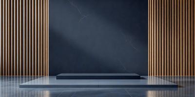 The primary subject of the image is a blue wall with a crack in it. The setting is a dark room, and the visual style is a photo. The dominant colors are blue and black, creating a moody atmosphere.