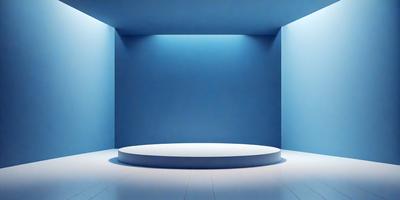 The primary subject of the image is a white, circular platform in a blue room. The setting is a large, empty room with a blue wall. The visual style is a photo, and the colors and mood are predominantly blue, creating a calm and serene atmosphere.