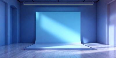 The primary subject of the image is a large blue wall with a white frame. The setting is a room with a blue background, and the visual style appears to be a photo. The dominant colors are blue and white, creating a calm and serene atmosphere.