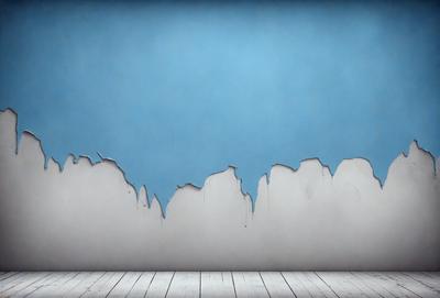 The primary subject of the image is a blue wall with a peeling paint effect. The setting is a room with a wooden floor. The visual style is a digital art or illustration, creating a mood of decay and deterioration.