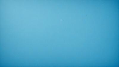 The primary subject of the image is a blue sky with a red dot in the middle of it. The setting is a vast, open space with no visible landmarks or objects. The visual style is a simple, clean representation of the sky with a single red dot. The colors and mood of the image are predominantly blue, with a hint of red from the dot, creating a calm and serene atmosphere.