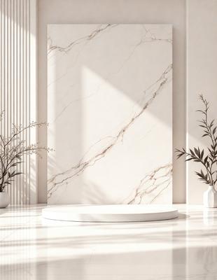 The primary subject of the image is a white marble wall. The setting is a room with a white marble floor and a white marble table. The visual style is a photo, and the colors and mood are predominantly white, giving the room a clean and elegant appearance.