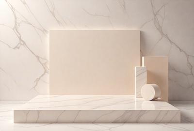 The primary subject of the image is a white marble countertop. The setting is a white wall, and the visual style is a photo. The countertop has a marble texture, and the overall atmosphere is clean and elegant.