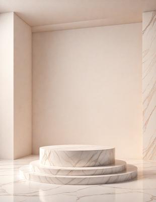 The primary subject of the image is a white marble pedestal, which is the main object in the scene. The setting is a room with a white wall, and the visual style is a photo. The colors in the image are predominantly white, giving it a clean and minimalist appearance. The overall mood of the image is elegant and sophisticated.