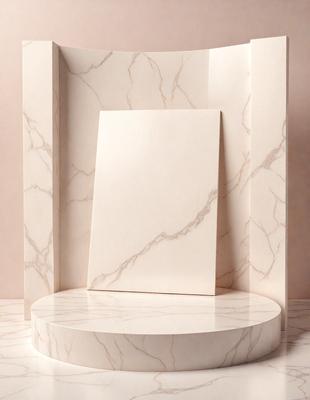 The primary subject of the image is a white marble mirror. The mirror is placed on a white marble table, which is situated in a room with a pink background. The visual style of the image is a photo, capturing the details of the marble mirror and table. The colors and mood of the image are predominantly white, giving it a clean and elegant appearance.