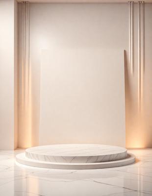 The primary subject of the image is a white wall with a large, empty space on it. The setting is a room with a white marble floor. The visual style is a photo, and the colors and mood are predominantly white, giving the scene a clean and minimalist appearance.