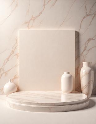 The primary subject of the image is a white marble countertop with a white vase and a white pitcher placed on it. The setting is a bathroom, with a marble wall and a marble countertop. The visual style is a photo, capturing the details of the white vase and pitcher on the marble countertop. The colors and mood of the image are predominantly white, giving it a clean and elegant appearance.