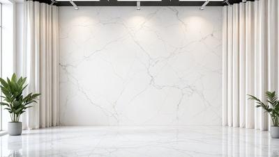 The primary subject of the image is a large, white marble wall with a pattern of holes in it. The setting is a room with a white floor, and the visual style appears to be a photo of the marble wall. The dominant colors are white and gray, creating a clean and minimalist atmosphere.