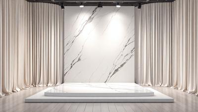 The primary subject of the image is a large, white marble wall. The setting is a room with a white stage, and the visual style is a photo. The marble wall and stage create a clean and elegant atmosphere.