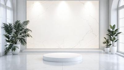 The primary subject of the image is a white marble wall with a large, empty space on it. The setting is a room with a white marble floor, and the visual style is a photo. The colors and mood of the image are predominantly white, giving it a clean and minimalist appearance.