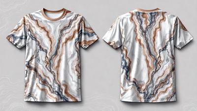 The primary subject of the image is a white and brown shirt with a marbled pattern. The shirt is displayed in two different colors, one being white and the other being brown. The setting is a gray background, which provides a clean and minimalistic look to the image. The visual style is a close-up of the shirt, showcasing its intricate design. The colors and mood of the image are a combination of white and brown, giving it a warm and earthy feel.