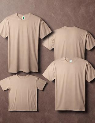 The image features a brown t-shirt with a green tag on the back. The t-shirt is displayed in four different positions, showcasing the front, back, and sides of the shirt. The shirt is hanging on a wall, and the overall atmosphere is casual and comfortable.
