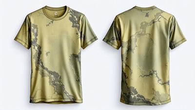 The primary subject of the image is a camouflage-patterned shirt. The shirt is displayed in two different colors, one being a lighter shade and the other being a darker shade. The setting is a white background, which provides a clean and uncluttered look to the image. The visual style is a close-up of the shirt, showcasing its intricate pattern. The colors and mood of the image are a mix of earthy tones, giving it a natural and earth