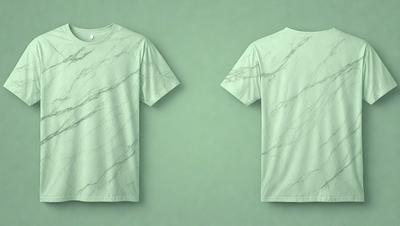 The primary subject of the image is a green t-shirt with a marbled pattern. The setting is a green background, which complements the color of the shirt. The visual style is a close-up of the t-shirt, showcasing its design. The colors and mood of the image are predominantly green, creating a calm and relaxed atmosphere.