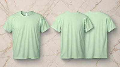 The primary subject of the image is a green t-shirt. The setting is a marble surface, which serves as the backdrop for the t-shirt. The visual style is a digital art, as the t-shirt is displayed in a 3D format. The colors and mood of the image are predominantly green, giving it a fresh and natural appearance.