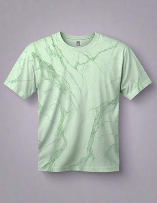 The primary subject of the image is a green t-shirt with a marbled design. The setting is a purple background, and the visual style is a close-up of the t-shirt. The colors and mood of the image are predominantly green, with a slightly muted and earthy tone.