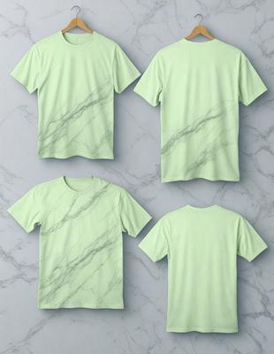 The primary subject of the image is a green t-shirt. The setting is a marble wall, and the visual style is a digital art. The dominant colors are green and white, creating a calm and soothing atmosphere.