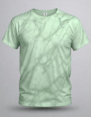 The primary subject of the image is a green shirt with a marbled pattern. The setting is a white background, and the visual style is a close-up of the shirt. The colors and mood of the image are predominantly green, giving it a fresh and natural appearance.