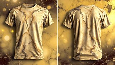 The primary subject of the image is a t-shirt with a marble pattern. The setting is a marble-themed background, which adds to the visual style. The colors and mood of the image are predominantly yellow and earthy tones, giving it a warm and natural feel.