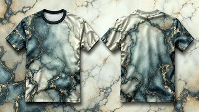 The primary subject of the image is a marble-patterned shirt. The shirt is displayed on a marble surface, which serves as the setting and background of the image. The visual style of the image is a combination of photo and digital art, creating a realistic yet artistic representation of the shirt. The colors and mood of the image are predominantly gray and white, giving it a sophisticated and elegant appearance.