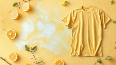 The primary subject of the image is a yellow shirt, which is displayed on a yellow background. The setting includes a table with a lemon and a slice of lemon, as well as a few oranges. The visual style is a combination of a photo and a painting, creating a unique and vibrant atmosphere. The colors and mood of the image are predominantly yellow, with a hint of orange, giving it a warm and inviting feel.