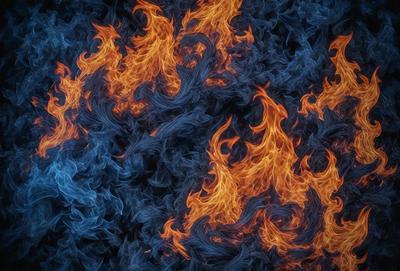 The primary subject of the image is a fire, with flames and smoke filling the frame. The setting is a dark, blue background, which contrasts with the bright orange and yellow colors of the fire. The visual style appears to be a digital art or illustration, as the fire is depicted in a detailed and artistic manner. The overall atmosphere of the image is dramatic and intense, with the fire as the main focus and the dark blue background providing a striking contrast.