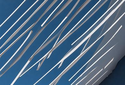The primary subject of the image is a white wall with a blue background. The wall is covered in white strips, creating a visually striking pattern. The setting appears to be an indoor space, possibly a room or a gallery. The visual style of the image is a combination of photo and digital art, as the white strips are created using a digital art technique. The colors and mood of the image are predominantly blue and white, giving it a calm and serene atmosphere.