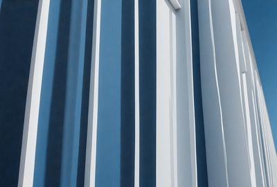The primary subject of the image is a blue and white striped wall. The setting is a white wall with blue stripes, and the visual style is a digital art or illustration. The dominant colors are blue and white, creating a calm and soothing atmosphere.