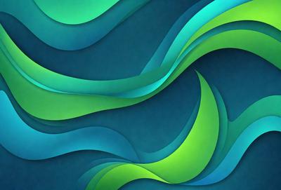 The primary subject of the image is a blue and green abstract art piece. The setting is a blue background, and the visual style appears to be a digital art or illustration. The dominant colors are blue and green, creating a calm and soothing atmosphere.