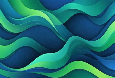 The primary subject of the image is a blue and green ocean wave. The setting is a blue background, and the visual style is a digital art or illustration. The dominant colors are blue and green, creating a calm and serene atmosphere.