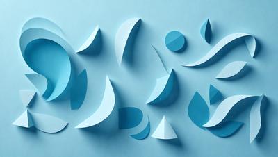 The primary subject of the image is a collection of blue and white geometric shapes, which are arranged in a visually appealing manner. The setting is a blue background, which provides a contrasting and complementary color to the shapes. The visual style of the image is a combination of digital art and illustration, as the shapes are carefully crafted and placed to create a cohesive and harmonious design. The dominant colors in the image are blue and white, which contribute to a calm and soothing atmosphere.